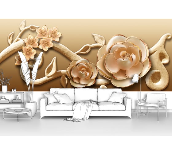 Фотообои 3d абстракции цветы "Керамические розочки на ветке" 400x160 ШxВ ООО Первое ателье pw73848-4 1