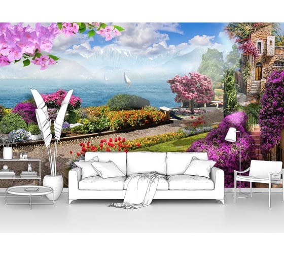 Фотообои море "Набережная моря в ярких розовых цветах" 300x175 ШxВ ООО Первое ателье pw28610-3 1