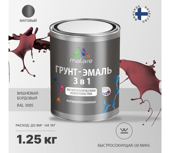 Грунт-Эмаль MALARE 3 в 1 по ржавчине, акриловая, вишнево-бордовый, матовая, 1,25 кг 7930085241131