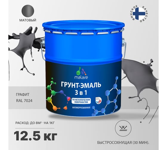 Грунт-Эмаль MALARE 3 в 1 по ржавчине, акриловая, графитово-серый(темный), матовая, 12,5 кг 7930085241506