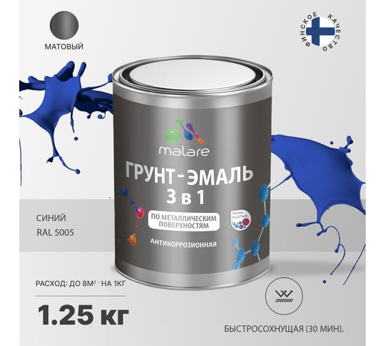 Грунт-Эмаль MALARE 3 в 1 по ржавчине, акриловая, синий, матовая, 1,25 кг 7930085241315