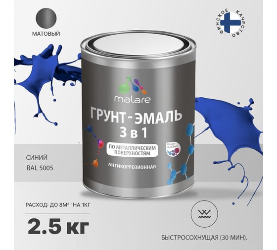 Грунт-Эмаль MALARE 3 в 1 по ржавчине, акриловая, синий, матовая, 2,5 кг 7930085241339