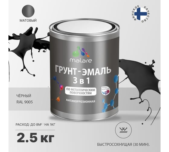 Грунт-Эмаль MALARE 3 в 1 по ржавчине, акриловая, черный, матовая, 2,5 кг 7930085242053