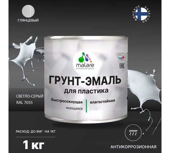Грунт - эмаль MALARE для пластика, светло-серый, глянцевый, 1 кг 7930085242756