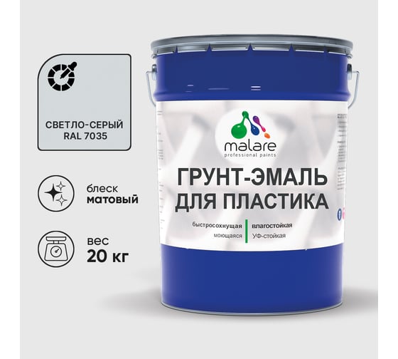Грунт-Эмаль MALARE для пластика, окон и подоконников, сайдинга, матовый, светло-серый, 20 кг ГЭПЛСТ7035М2000