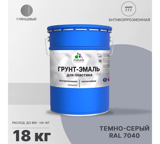 Грунт - эмаль MALARE для пластика, темно-серый, глянцевый, 18 кг 7930085242862