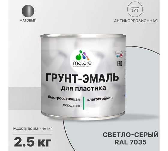 Грунт - эмаль MALARE для пластика, светло-серый, 2.5 кг 7930085242732