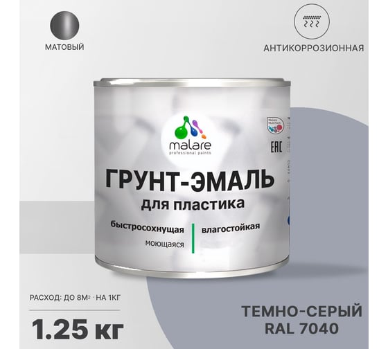 Грунт - эмаль MALARE для пластика, темно-серый, 1.25 кг 7930085242800