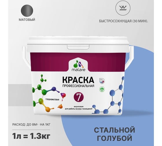 Краска MALARE Евро 7 для стен, потолков и обоев, стальной голубой, 1,3 кг 2021722334004