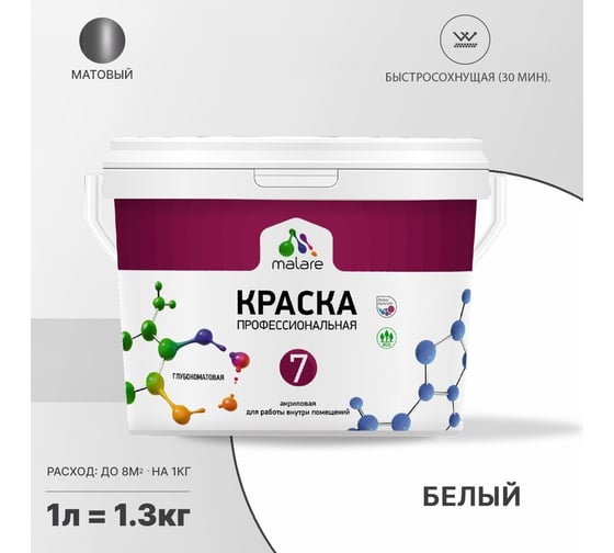 Краска MALARE Евро 7 для стен, потолков и обоев, белая, 1,3 кг 2021836762007