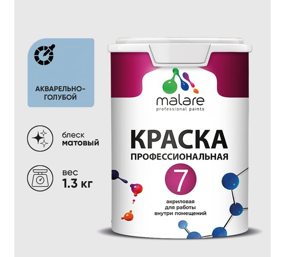 Краска для стен, потолков и обоев MALARE Евро 7, акварельно-голубой, 1,3 кг 2021839313008 КЕВРО7АКГМ0130