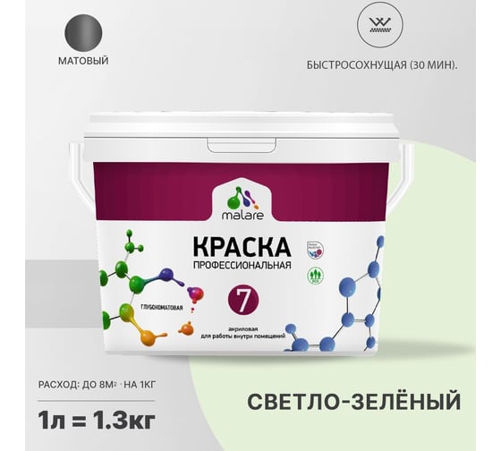 Краска MALARE Евро 7 для стен, потолков и обоев, светло-зеленый, 1,3 кг 2021723984000