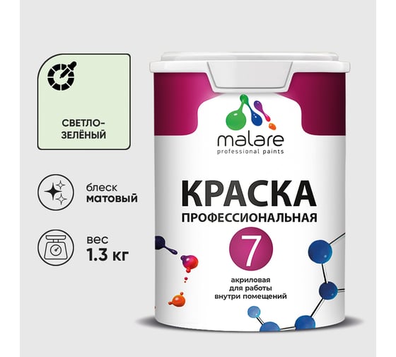 Краска для стен, потолков и обоев MALARE Евро 7, светло-зеленый, 1,3 кг 2021723984000 КЕВРО7СВЗМ0130