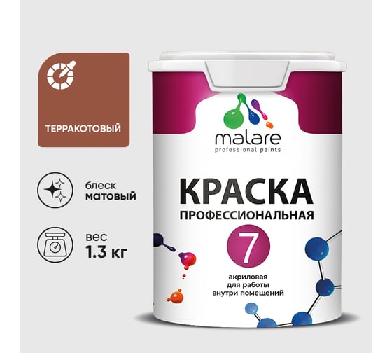 Краска для стен, потолков и обоев MALARE Евро 7, терракотовый, 1,3 кг 2021721894004 КЕВРО7ТЕРМ0130