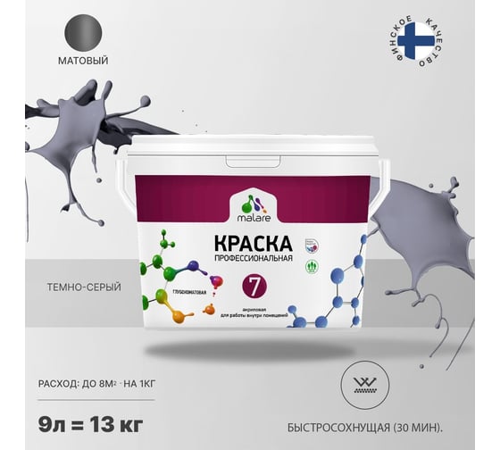 Краска MALARE Евро 7 для стен, потолков и обоев, темно-серый, 11,5 кг 2021722081007
