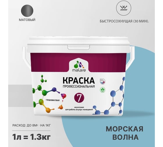 Краска MALARE Евро 7 для стен, потолков и обоев, морская волна, 1,3 кг 2021761111000