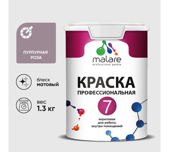 Краска для стен, потолков и обоев MALARE Евро 7, пурпурная роза, 1,3 кг 2021760708003 КЕВРО7ПУРМ0130