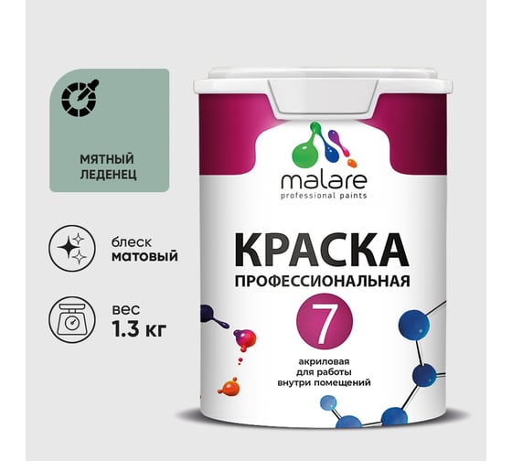 Краска для стен, потолков и обоев MALARE Евро 7, мятный леденец, 1,3 кг 2021761018002 КЕВРО7МЯЛМ0130