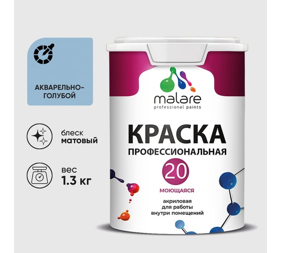 Краска MALARE Евро 20 для стен, потолков и обоев, акварельно-голубой, 1,3 кг КЕВРО20АКГМ0130