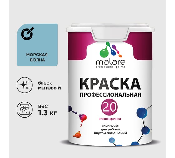 Краска MALARE Евро 20 для стен, потолков и обоев, морская волна, 1,3 кг КЕВРО20МОВМ0130