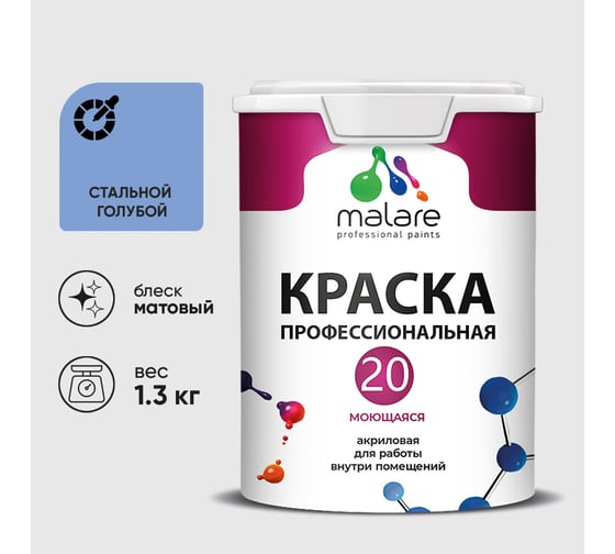 Краска MALARE Евро 20 для стен, потолков и обоев, стальной голубой, 1,3 кг КЕВРО20СТГМ0130