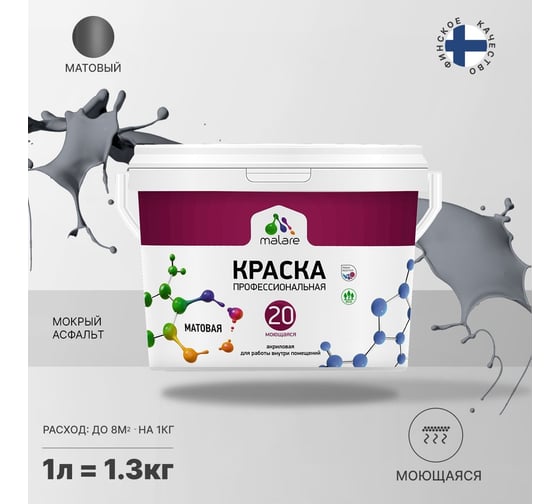 Краска MALARE Евро 20 для стен, потолков и обоев, мокрый асфальт, 1 л, 1,3 кг 2022055981002