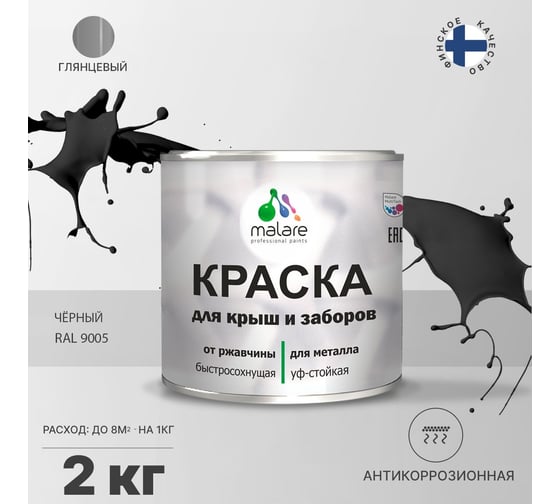 Краска MALARE для металлических заборов, глянцевый, черный, 2 кг 2013933006009