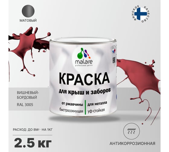 Краска MALARE для металлических заборов, матовый, вишнево-бордовый, 2,5 кг 2013932592008