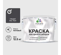 Краска по металлу MALARE для крыш и заборов, по ржавчине, быстросохнущая, износостойкая, матовый, графитово-серый(темный), 12,5 кг 2013932522005