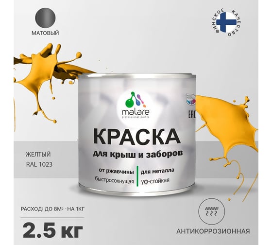 Краска MALARE для металлических заборов, матовый, жёлтый, 2,5 кг 2013931659009