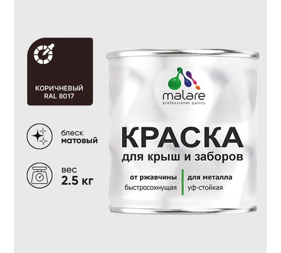 Краска по металлу MALARE для крыш и заборов, по ржавчине, быстросохнущая, износостойкая, матовый, коричневый, 2,5 кг 2013931421002 1