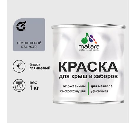 Краска по металлу MALARE для крыш и заборов, по ржавчине, быстросохнущая, износостойкая, глянцевая, темно-серый, 1 кг КМЗ7040Г0100