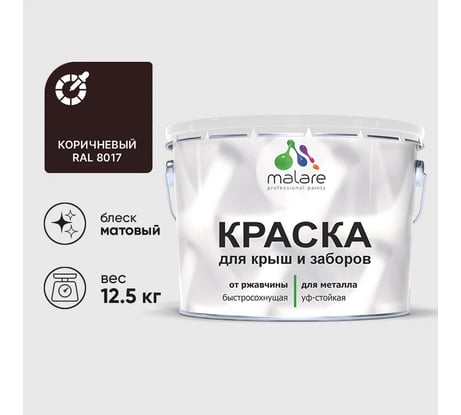 Краска по металлу MALARE для крыш и заборов, по ржавчине, быстросохнущая, износостойкая, матовая, коричневый, 12,5 кг КМЗ8017М1250