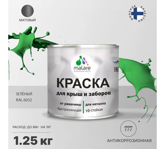 Краска MALARE для металлических заборов, матовый, зеленый, 1,25 кг 2013931507003