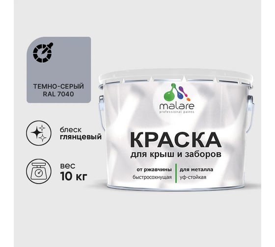 Краска по металлу MALARE для крыш и заборов, по ржавчине, быстросохнущая, износостойкая, глянцевый, темно-серый, 10 кг , 2013933483008 1