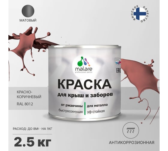 Краска MALARE для металлических заборов, матовый, красно-коричневый, 2,5 кг 2013931274004