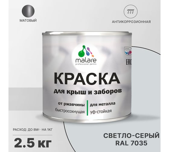 Краска MALARE для металлических заборов, матовый, светло-серый, 2,5 кг 2013930873000