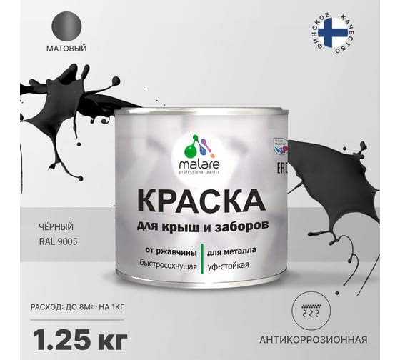 Краска MALARE для металлических заборов, матовый, черный, 1,25 кг 2013884109002