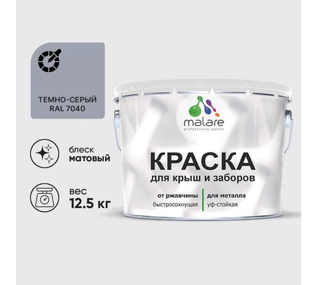 Краска по металлу MALARE для крыш и заборов, по ржавчине, быстросохнущая, износостойкая, матовая, темно-серый, 12,5 кг КМЗ7040М1250