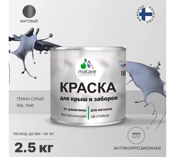 Краска MALARE для металлических заборов, матовый, темно-серый, 2,5 кг 2013890021008