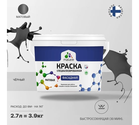 Краска MALARE "Professional" фасадная, черный, 2,7 л. 2021488453001
