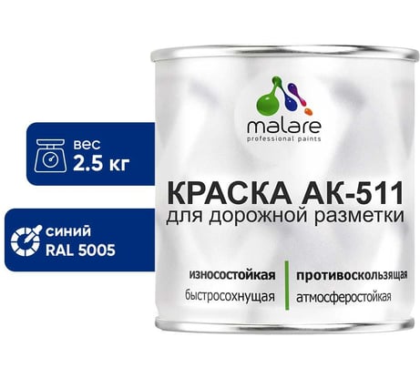 Краска MALARE АК-511 для дорожной разметки, синий, 2,5 кг КАК5115005М0250