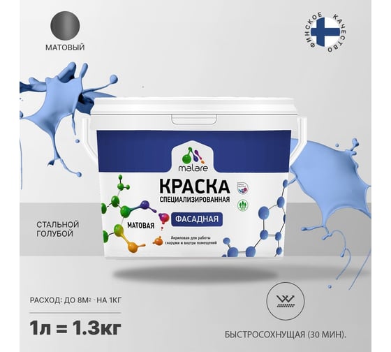 Краска MALARE "Professional" фасадная, стальной голубой, 1 л. 2021574092008