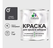 Краска по металлу MALARE для крыш и заборов, по ржавчине, быстросохнущая, износостойкая, глянцевый, графитово-серый(темный), 1 кг , 2014081030007