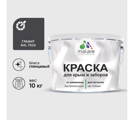 Краска по металлу MALARE для крыш и заборов, по ржавчине, быстросохнущая, износостойкая, глянцевая, графитово-серый (темный), 10 кг КМЗ7024Г1000