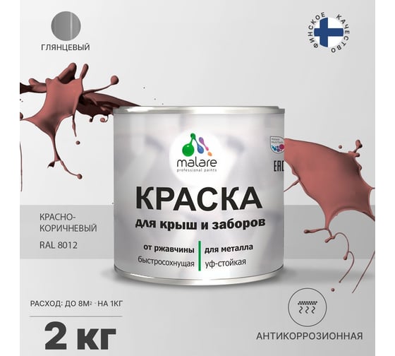 Краска MALARE для металлических заборов, глянцевый, красно-коричневый, 2 кг 2014080656000