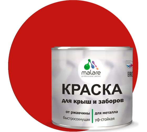 Краска MALARE для металлических заборов, глянцевый, красный, 2 кг 2014080628007 1
