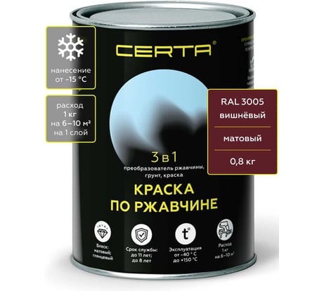 Быстросохнущая грунт-эмаль по металлу Certa 3 в 1 по ржавчине, матовая краска вишневая (\~RAL 3005) 0,8 кг KRGL300596
