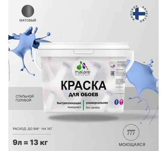 Краска MALARE для стен и обоев, стальной голубой, 11,5 кг 2005485108003
