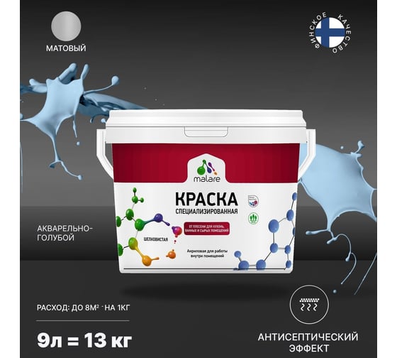 Краска MALARE от плесени и грибка акварельно-голубой, 9 л 2005481518004